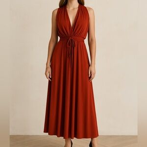 Vintage Rust‎ Red Disco Party Dress | Deep V Draped Sleeveless Halter Midi